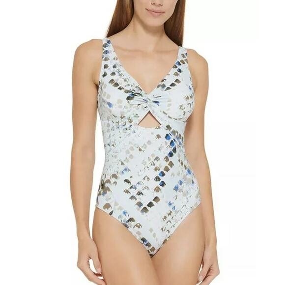 DKNY SPLASH Peek-a-boo Twist Front Cutout Blue One-Piece Swimsuit US 12 NWT - Picture 1 of 6